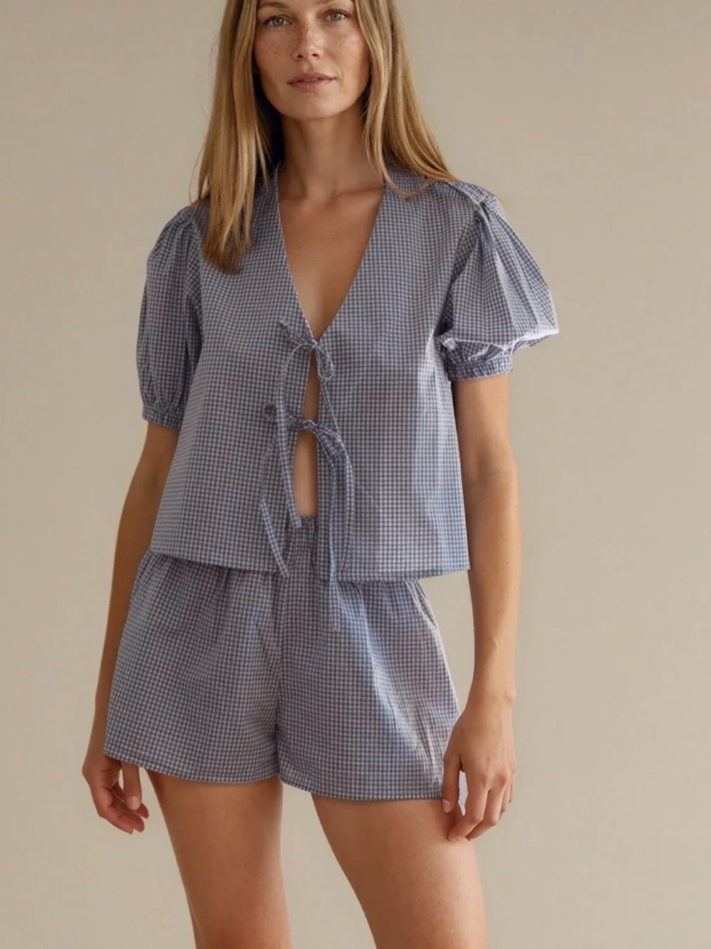 Women’s Blue Gingham Cotton Sleep Set - Tie-Front Top & Shorts